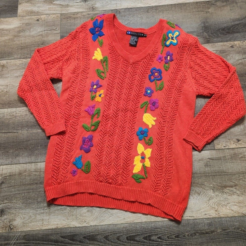 Vintage 80s‎ 90s IB Diffusion Floral Embroidered Cable Knit Sweater Ramie Cotton